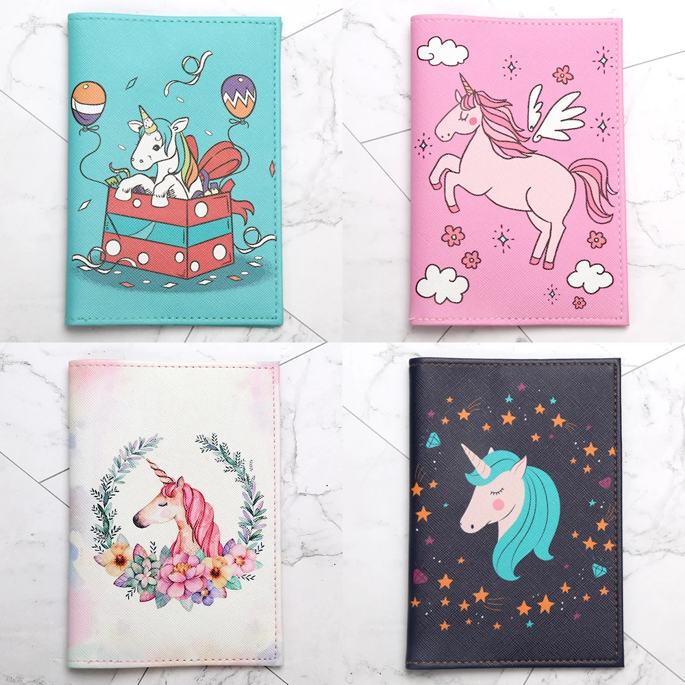 Funda de pasaporte de unicornio para mujer, accesorios de viaje, soporte de pasaporte fino, caballo arcoíris de dibujos animados, funda de pasaporte de cuero PU, lindo, nuevo