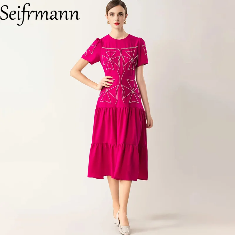 

Seifrmann 2026 Spring Women's clothing New Fashionable Round Neck Short Sleeve Nail Beaded Waist cinching Dress