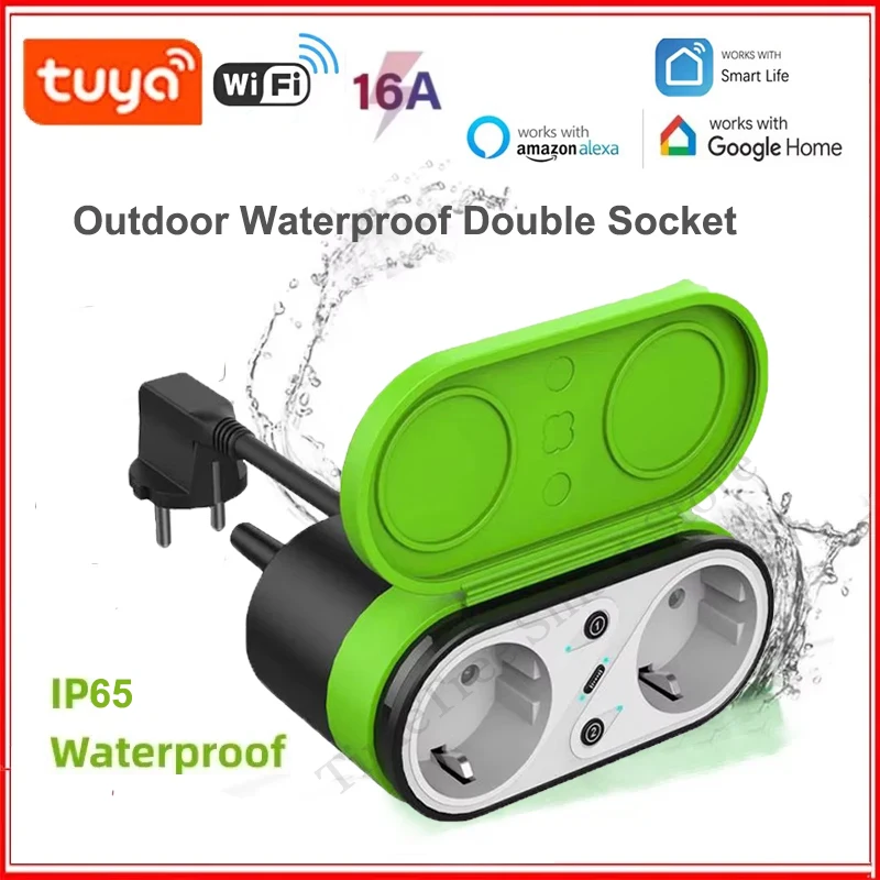 

Tuya EU 16A Wifi Smart Outdoor Plug IP65 Waterproof Smart Double Socket Voice Control Alexa Google Home Smart Life APP