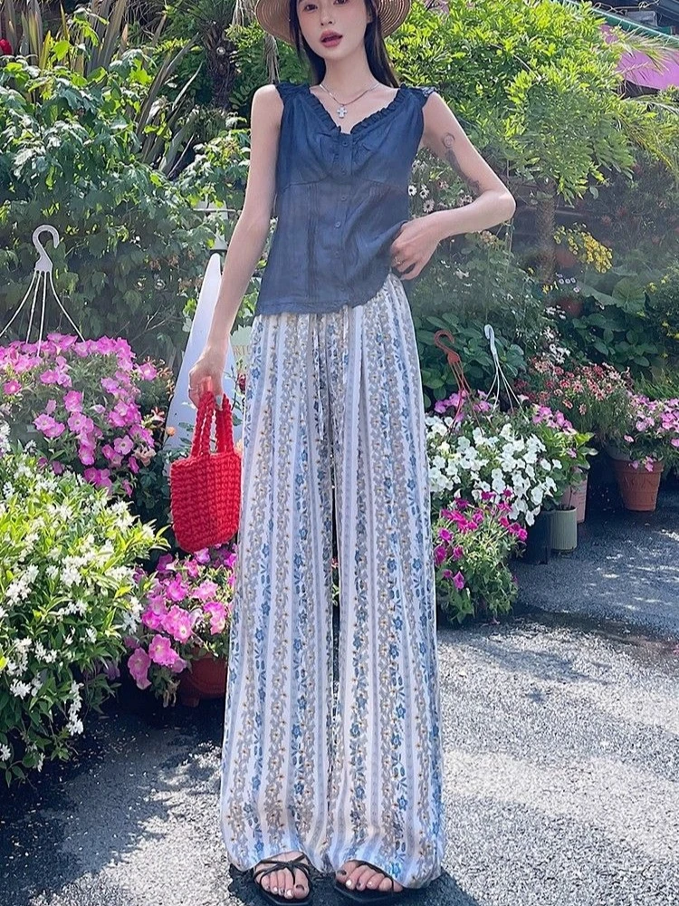

Vacation Style Floral Print Wide Leg Pants Women Summer Thin High Waist Loose Drape Sun Protection Casual