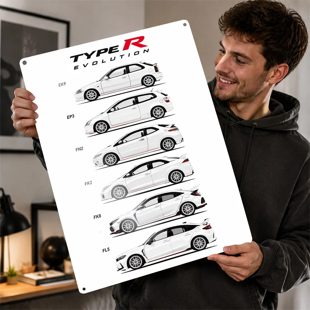 Japan Type R Evolution White Sports Car Printed Poster Customized Metal Sign Exotic Motoring Style Wall Art Perfect For Office