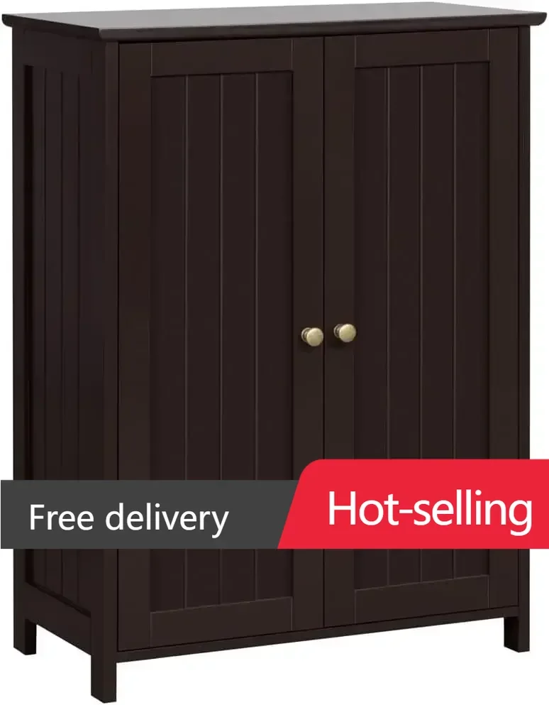 

Напольный шкаф для ванной комнаты, современный отдельно стоящий шкаф-органайзер для хранения вещей с регулируемыми полками и двойными дверцами, 3-уровневый, эспрессо