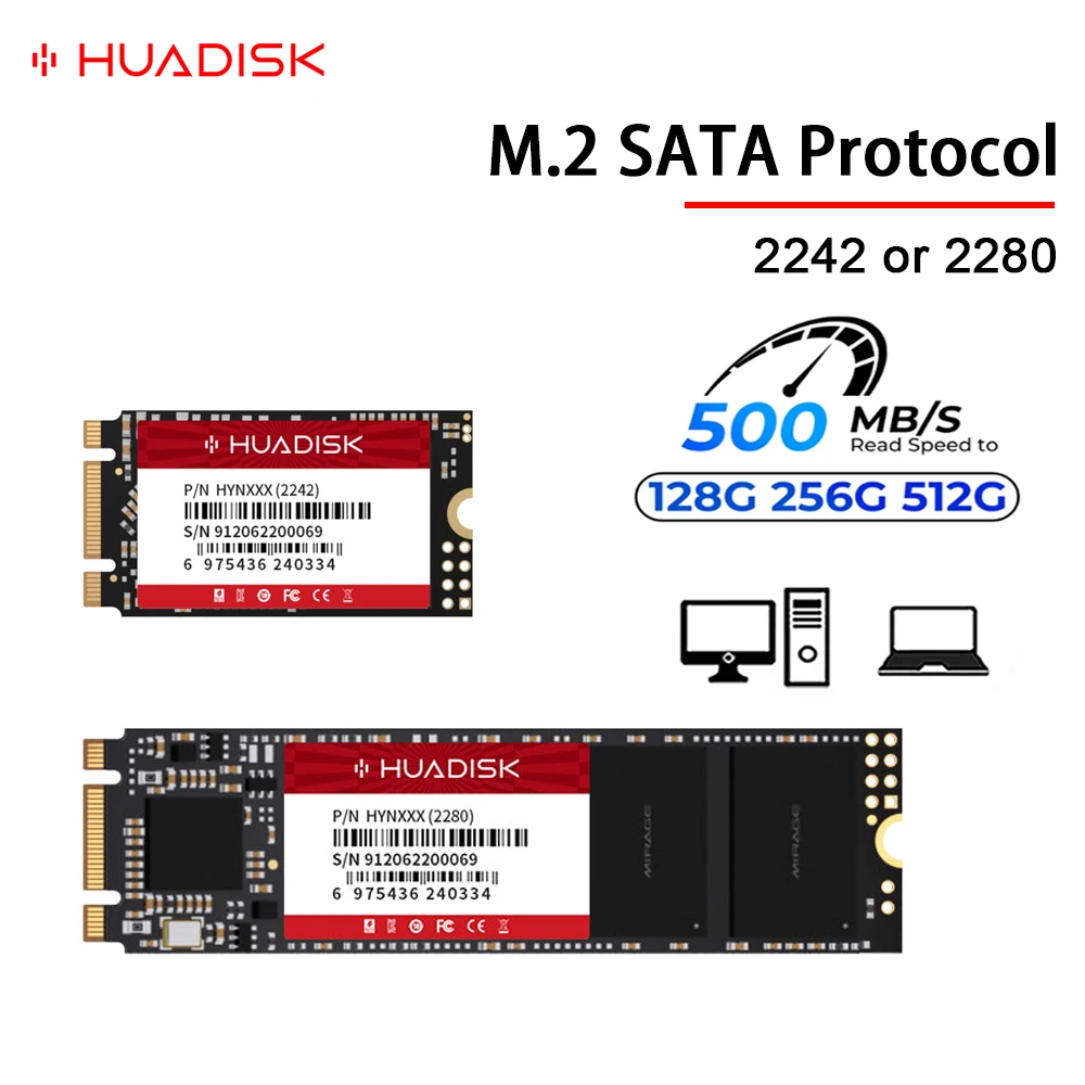 HUADISK M2 SATA 3 SSD 128GB 256GB 512GB Internal Hard Disk M.2 NGFF SSD 500MB/S 2242 2280 Solid State Hard Drive for Laptop DEL