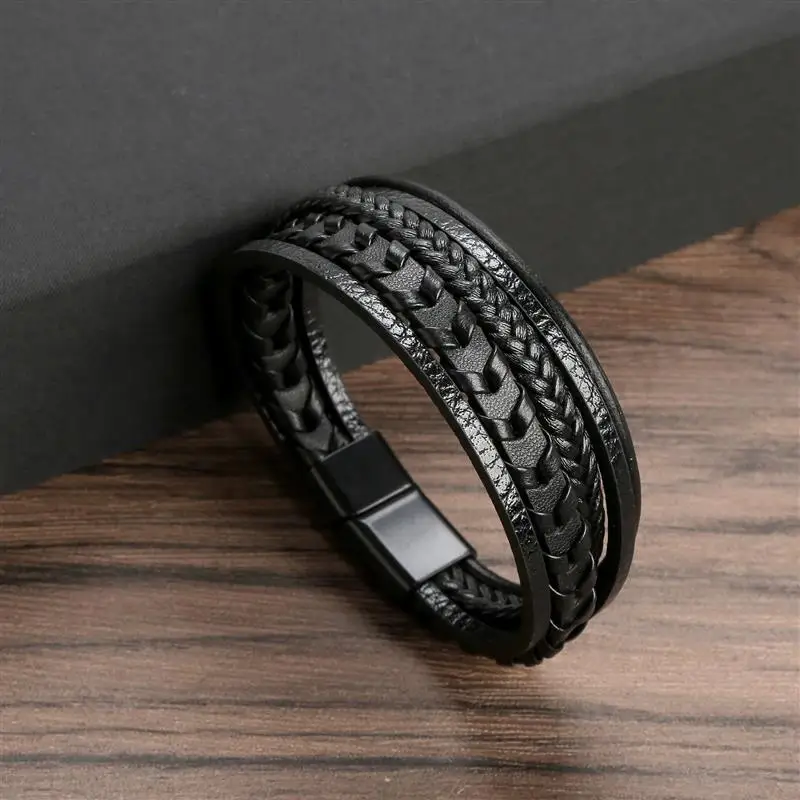 Jiayiqi Fashion Braided Rope Woven Multilayer Leather Men Bracelets Punk Stainless Steel Bangle for Friend Charm Jewelry Gifts