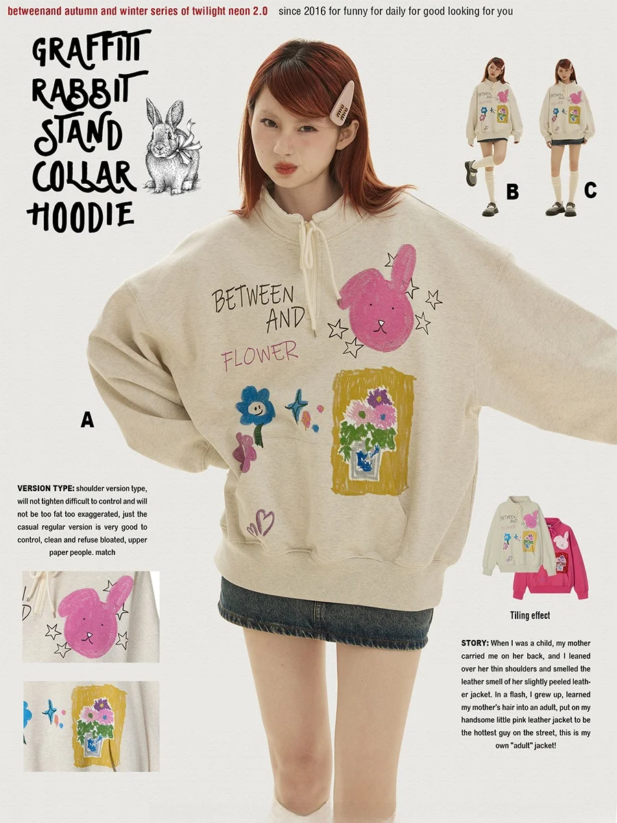 BENAND Graffiti Cartoon Rabbit Zipper Half High Collar Thickened Knitted Sweatshirt Loose Fit Printed Grey Crewneck Pullover