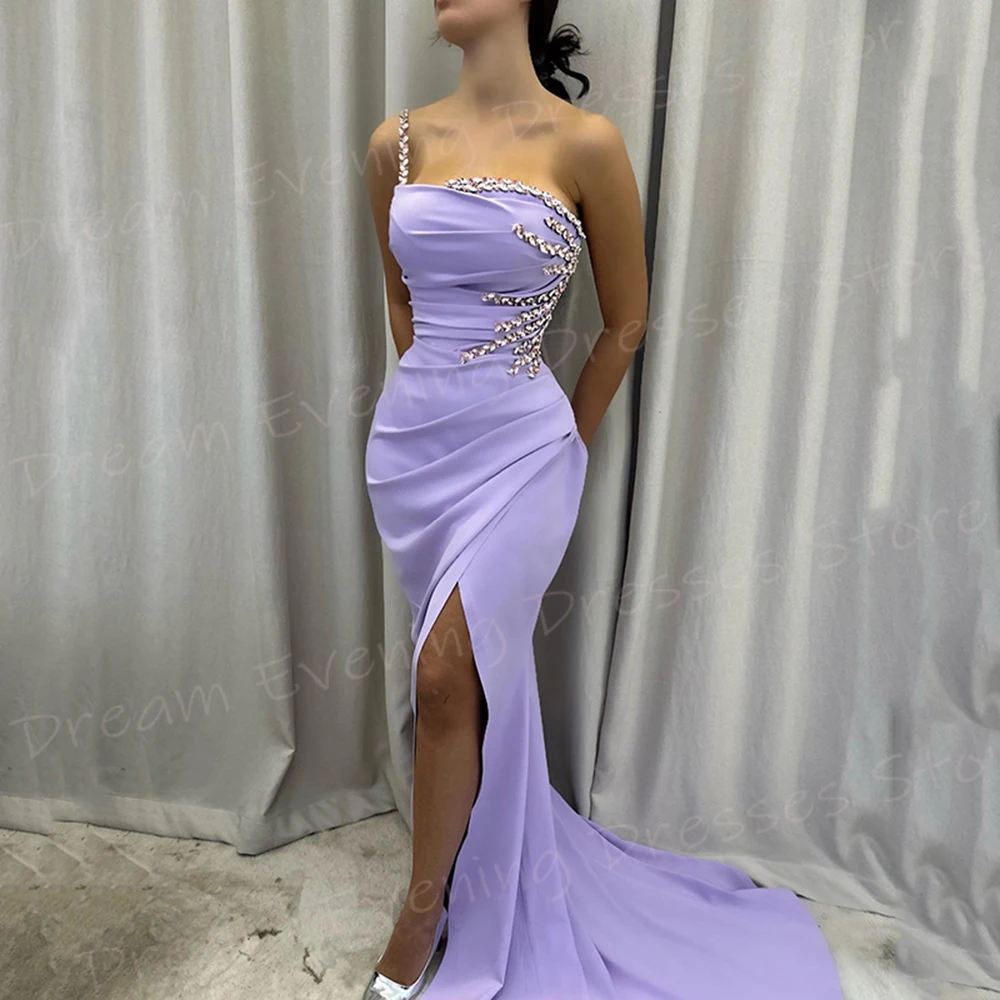 Graceful Purple Mermaid Fashionable Women's Evening Dresses Classic One Shoulder Beaded Prom Gowns Side Split Vestido De Noche