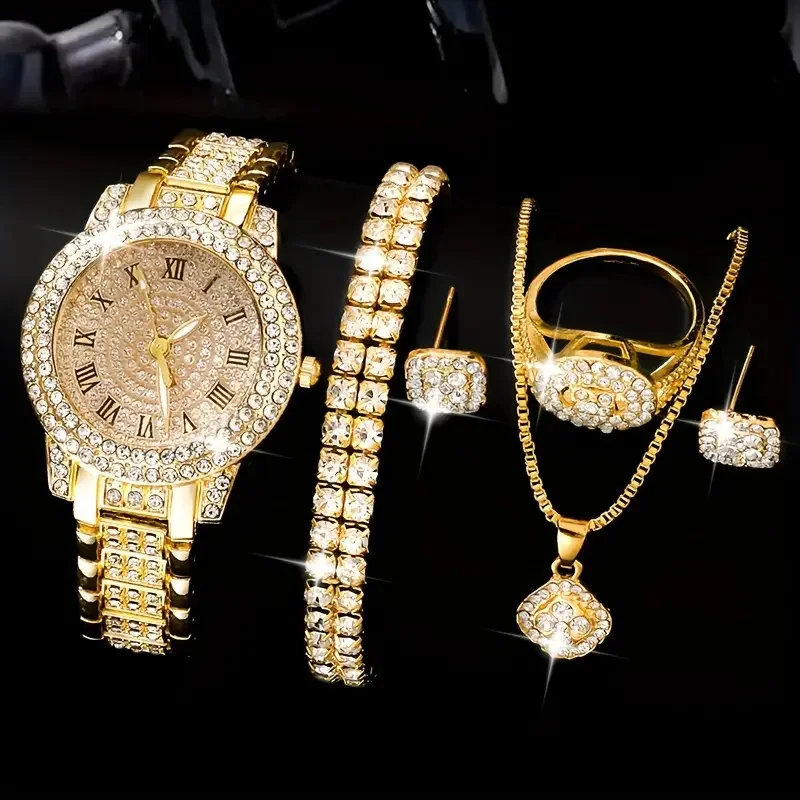 6PCS Luxury fashion alloy full diamond Roman quartz watch with double row diamond bracelet necklace Ring earrings gift set