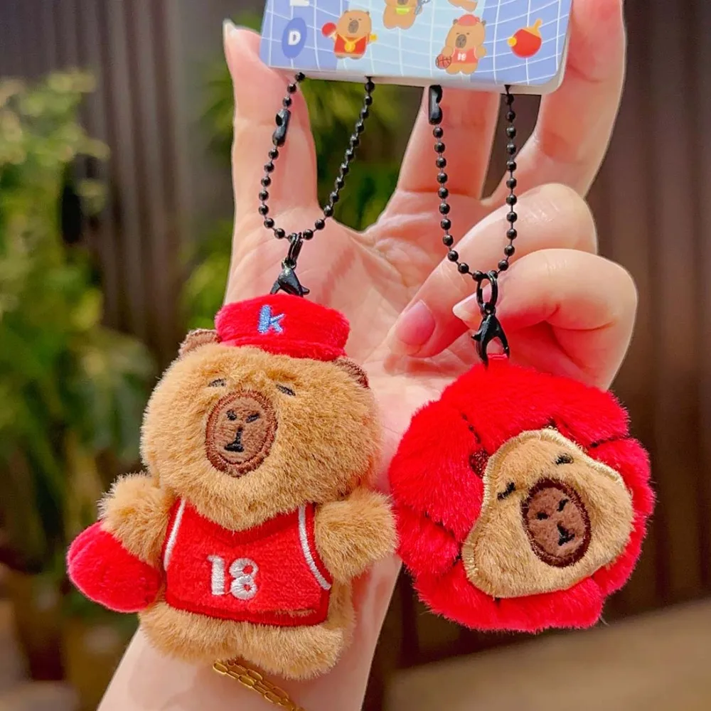 Brown Soft Capybara Key Ring Funny Cross Dressing Plush Sport Pendant Badminton Basketball Cartoon Animal Keychain Gift