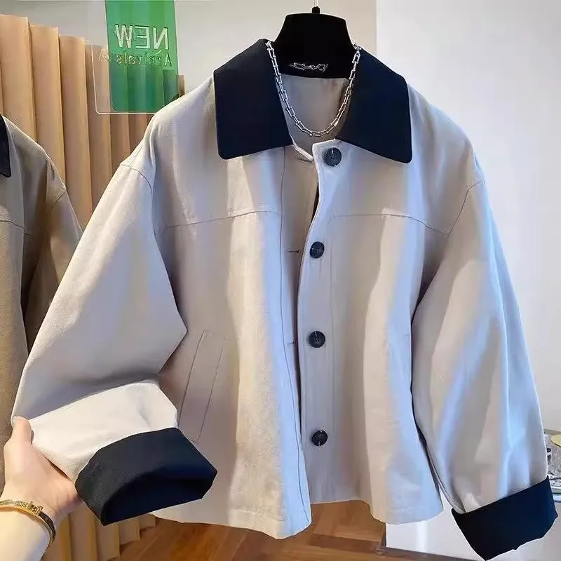 

Contrast Color Lapel Jacket Women Casual Loose Long Sleeve Single Breasted Coat 2025 New Fashion High Street Jackets Top