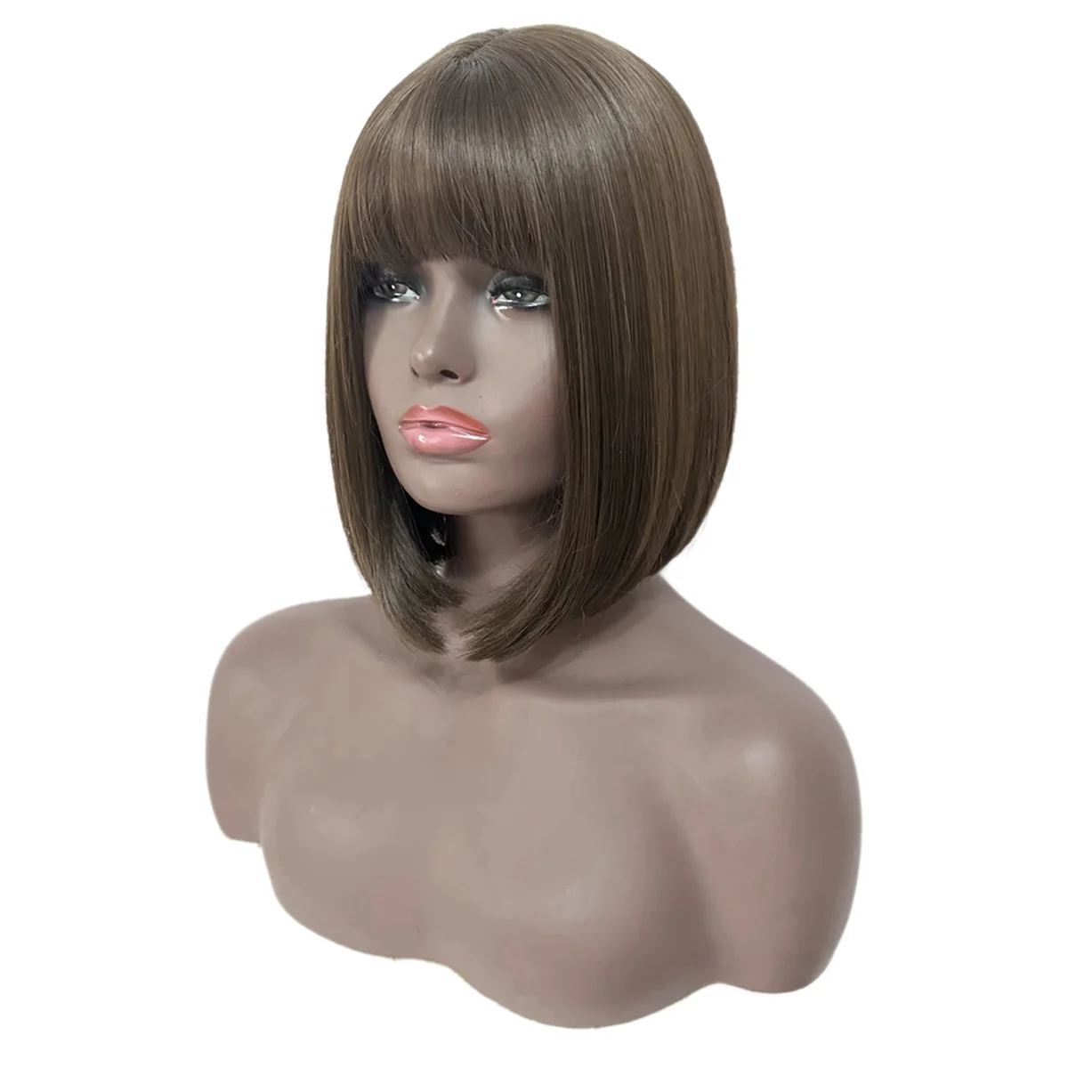 WIND FLYING Short Straight Synthetic Bob Wigs with Bangs Cool Brown Wig for Women Heat Resistant Synthetic Natural Looking