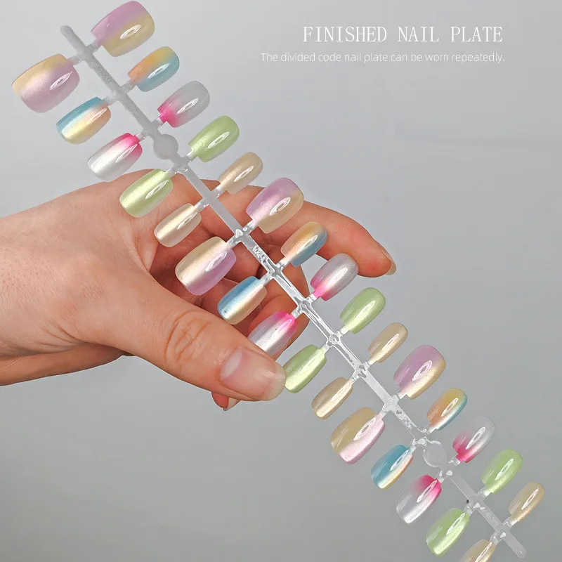 30 Stück handgemachte Gradient-Katzenaugen-Press-On-Kunstnägel, mittelkurze Nagelspitzen, beliebtes Design, Blumendekoration, vollständige Abdeckung – Detail 2