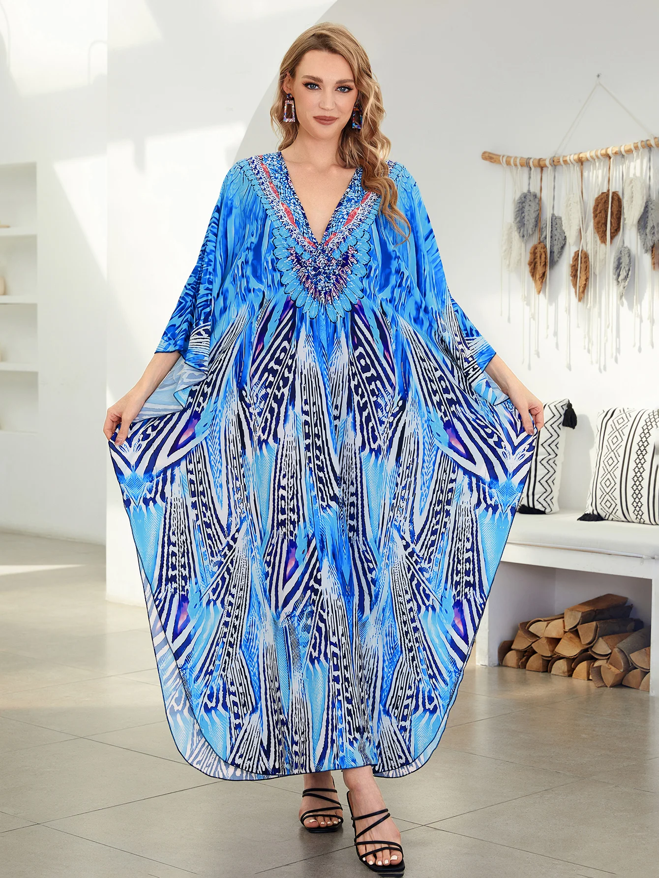 2024 damska Plus Size z Boho niebieski nadrukiem Kaftan z dekoltem w szpic z krótkim rękawem domowa sukienka letnia plaża strój kąpielowy zakrywana