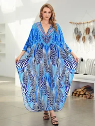 2024 damska Plus Size z Boho niebieski nadrukiem Kaftan z dekoltem w szpic z krótkim rękawem domowa sukienka letnia plaża strój kąpielowy zakrywana Q1636