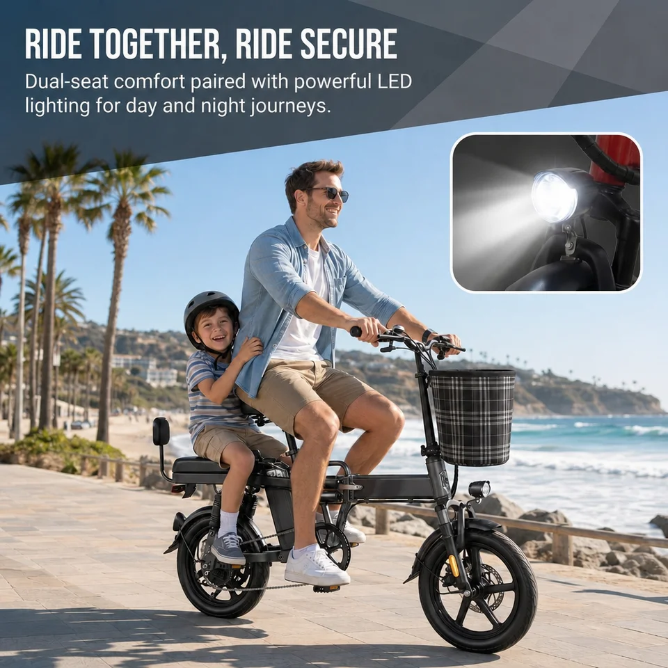 Foldable Electric Bike for Adults 14 Inch 500W Motor 48V 15Ah Battery 60KM Max Range Dual Disc Brake City Commuting E-Bike with Front Basket image 3