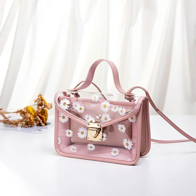 Fashion Transparent Daisy Pattern Shoulder Bag for Women Crossbody Casual Trendy Phone Chain Bag Handbag Designer 2pcs Set Bags