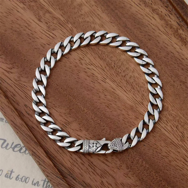 Original S925 Pure Silver Personalized European and American Hip Hop Scenery Face Cuban Chain Trendy Male Punk Bracelet