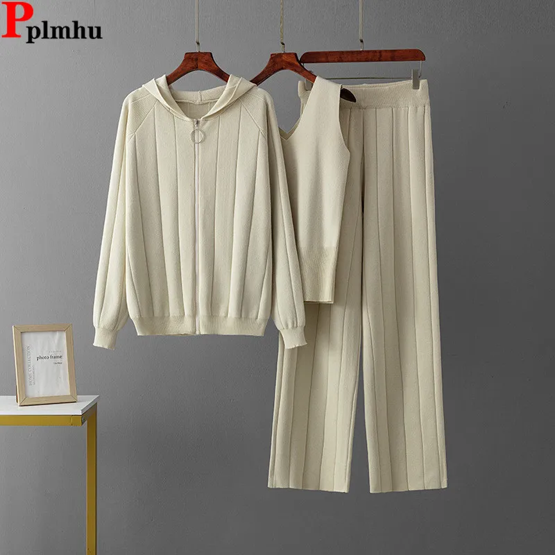 

Spring Fall New Knitted 3 Piece Sets Women Zipper Sweater Cardigan Sleeveless Vest Conjuntos Casual High Waist Pants Outfit New