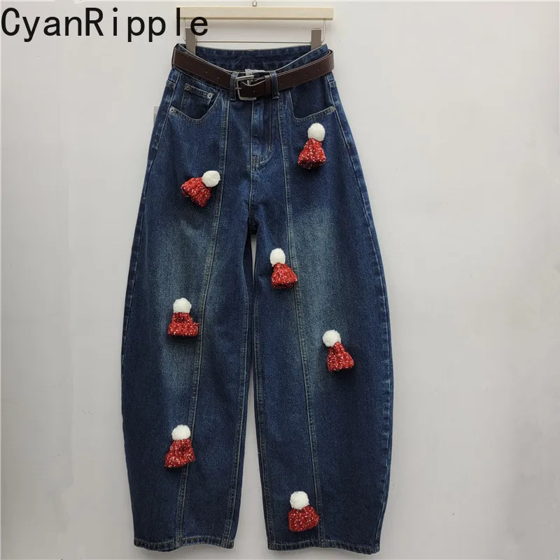 New Autumn Fashion Knitted Hat Decoration Vintage Loose Straight Jeans All-match High Waist Casual Wide Leg Denim Machete Pants