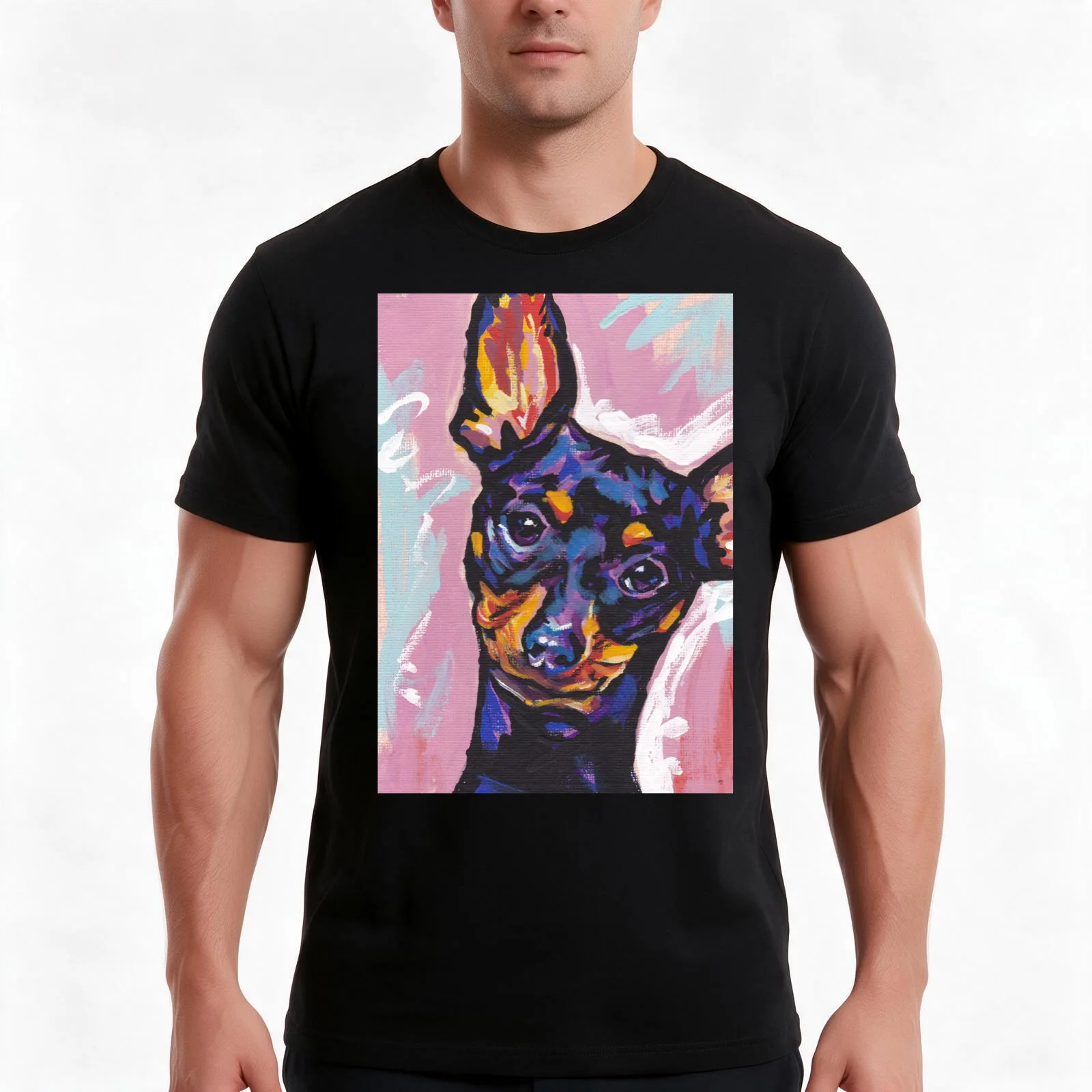 Miniature Pinscher Dog Bright colorful pop dog art T-Shirt, Summer Casual Cotton Tee, Oversized Streetwear Tops, 100% Cotton