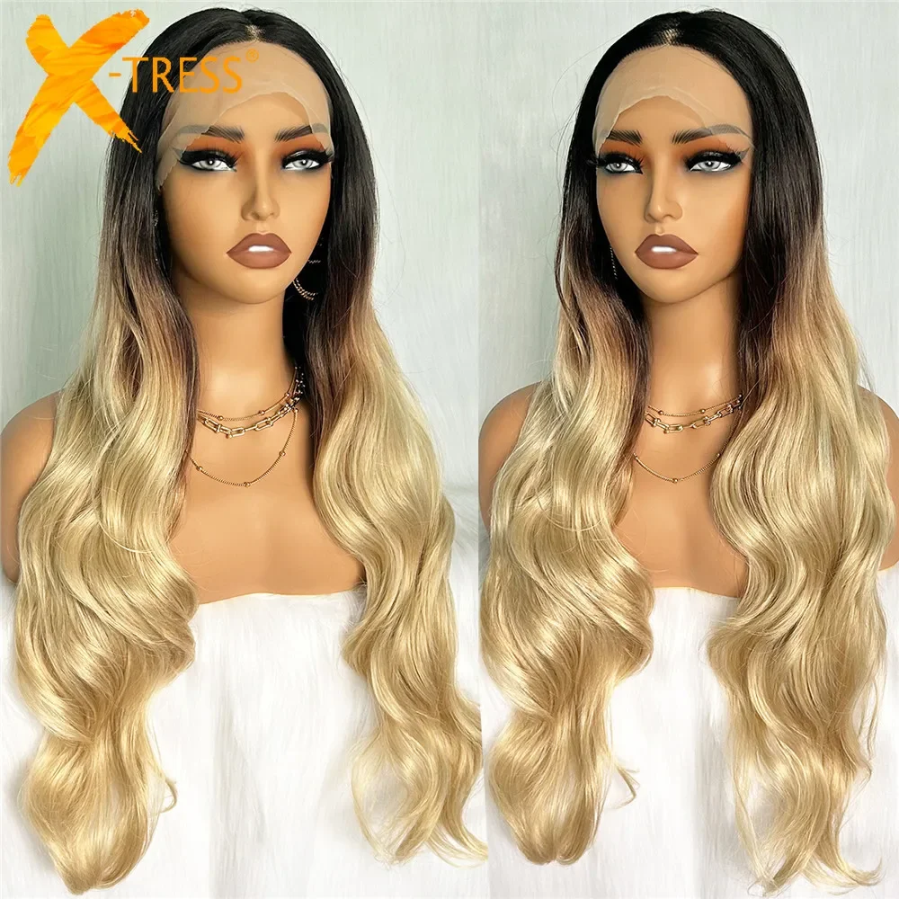 

X-TRESS Ombre Brown Blonde Synthetic Lace Front Wigs 30 Inch Long Wavy Wig for Women 3T Color Transparent Lace Wigs Pre Plucked