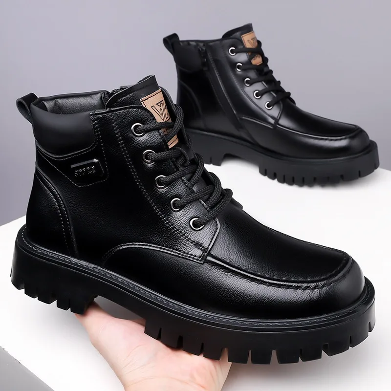 Stivali da uomo con plateau in velluto in pelle retrò Moda Stivali da neve da uomo caldi invernali con suola morbida Designer Scarpe da lavoro in cotone nero Uomo