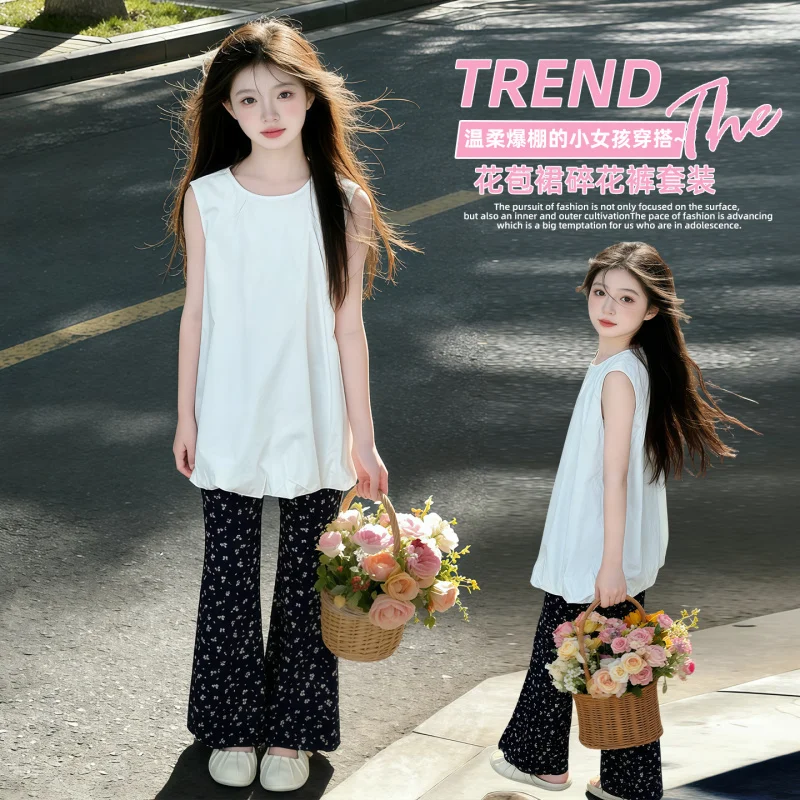

Girls' sleeveless tank top dress summer outfit, loose-fitting floral top for vacation, casual layered look with trendy bell-bott