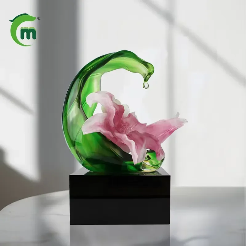 Hand Carved Glazed Crystal Lily Sculpture Elegant Flower Statue for Home Decoration Entrance Artwork Fengming Design Fengming