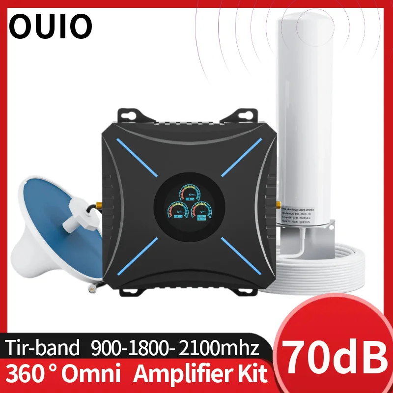 OUIO Tri Band 2g 3g 4g  900MHz 1800MHz 2100MHz GSM WCDMA UMTS LTE  Signal Booster Mobile phone Network Internet