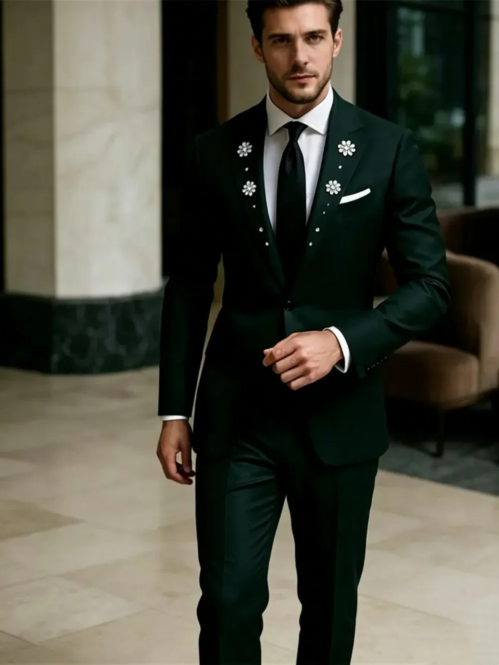 Classic Wedding Tuxedos Crystal Notched Lapel Single Breasted Men Suit Fashion Jacket Pant Groom Evening Prom Blazers Customized