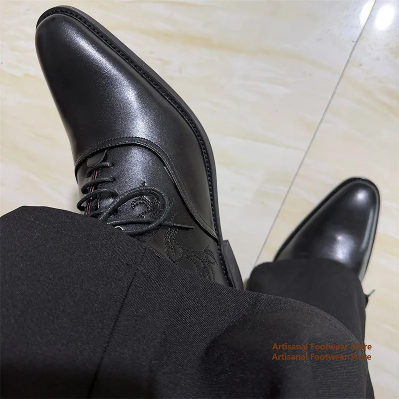 Men's Black Embroidered Derby Dress Shoes Pointed Toe Lace Up Polished Leather Formal Business Wedding Shoes Trendy Men's Shoes
