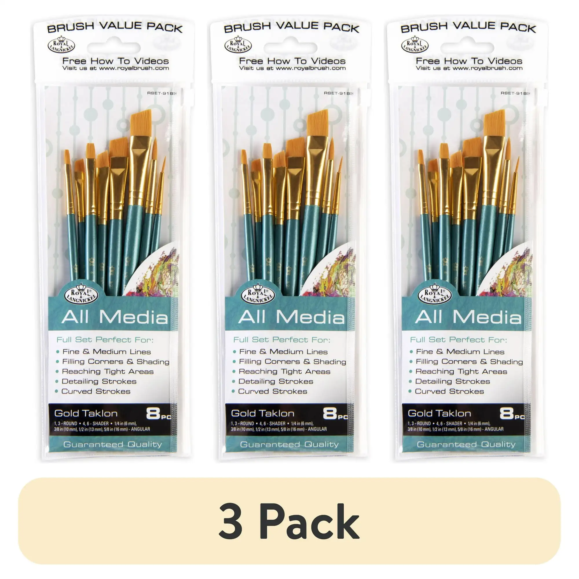 

(3 pack) Royal & Langnickel 8pc Golden Taklon Variety Brush Set