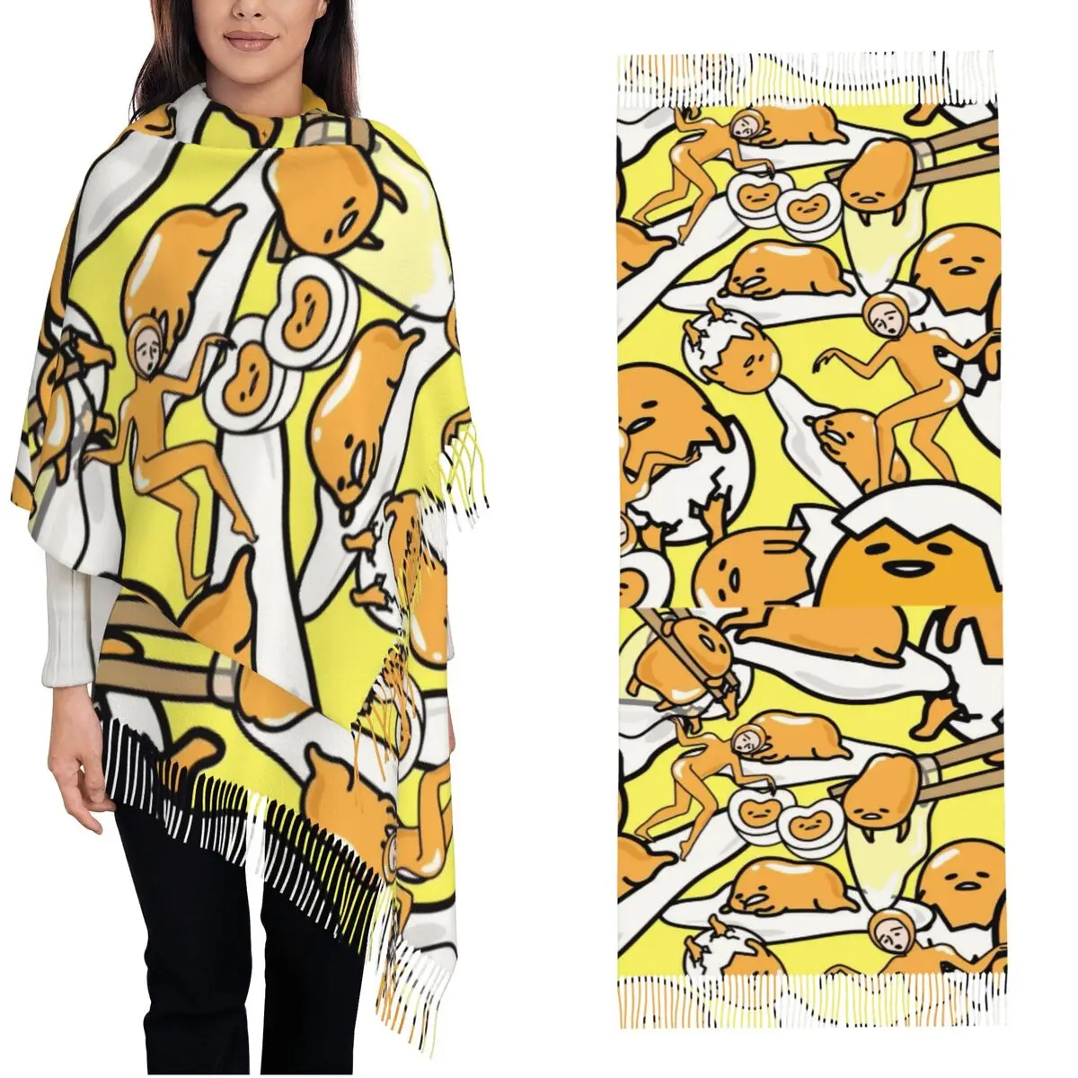 Gudetama Bufanda linda de dibujos animados de huevo para mujer Otoño Invierno Chales de cachemira y abrigo Mantón largo Bufanda ligera