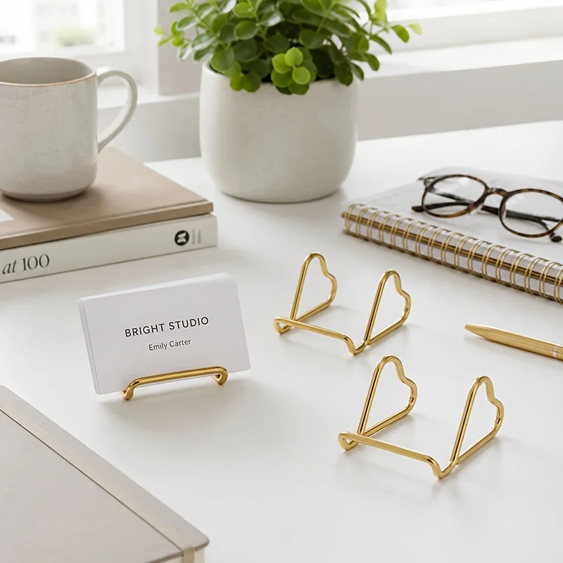 1pc Golden Heart-Shaped Business Card Holder • Metal Material Exhibition Card Display Rack • Iron Phone Stand Office Stationery