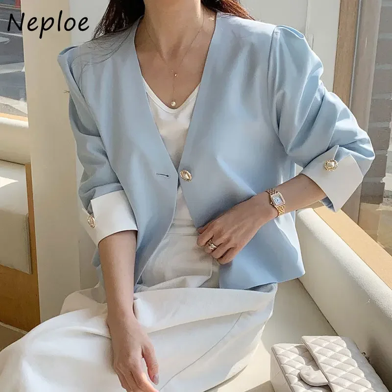 

Neploe Gentle Elegant Casaco Feminino 2024 Spring Soft Milk Blue Color V-Neck One Button Loose Three-Quarter Sleeve Suit Coat