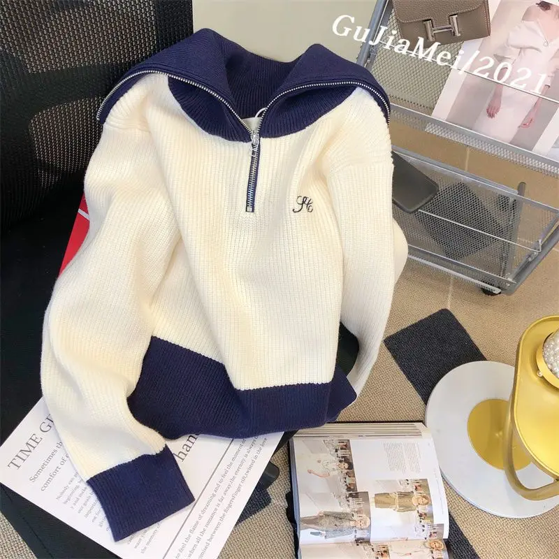 

Свитер на молнии, женский новый осенний новый дизайн, короткий вязаный топ с воротником-поло контрастного цвета