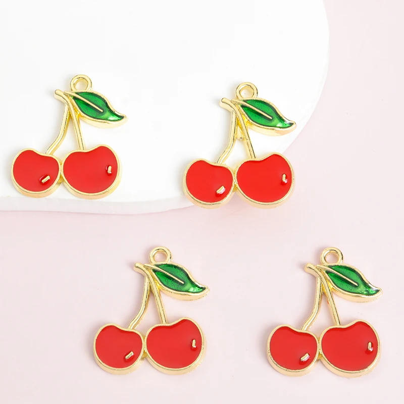 10pcs Summer Vibrant Red Cherry Enamel Drip Oil Charms, Fruit Pendant for DIY Fashion Necklace Bracelet Earrings Bag Accessories