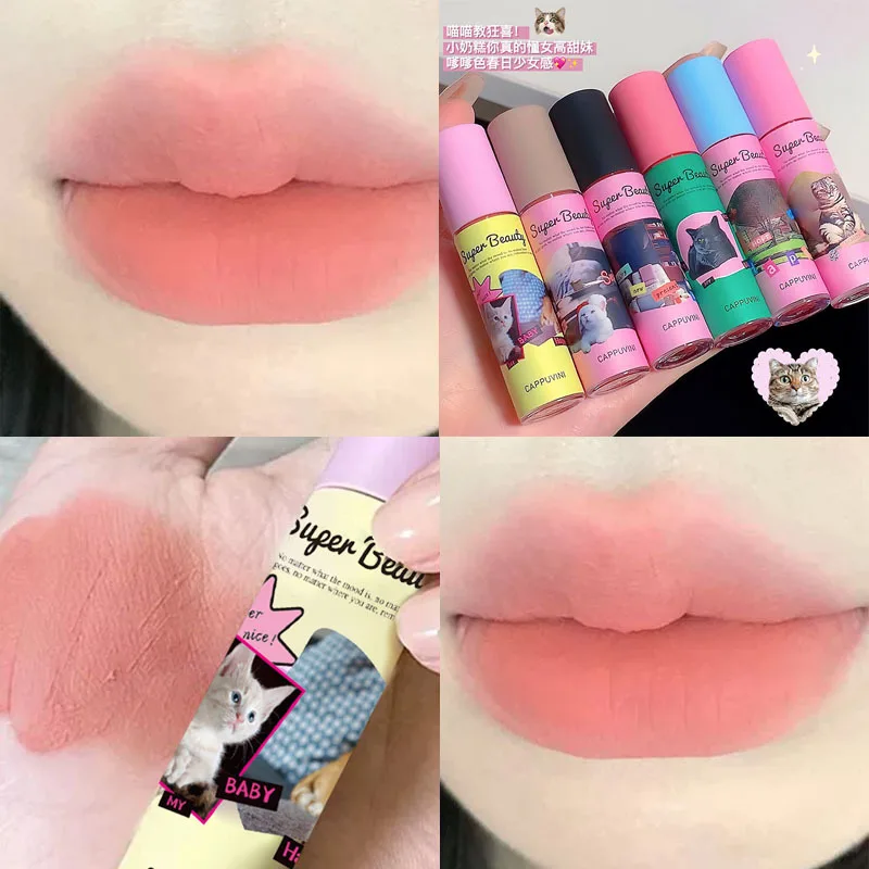 Cute Cat Lip Mud Matte Cream Texture Lip Cream Velvet Liquid Lipstick Long Lasting Waterproof Sexy Red Pink Lip Tint Makeup Hot