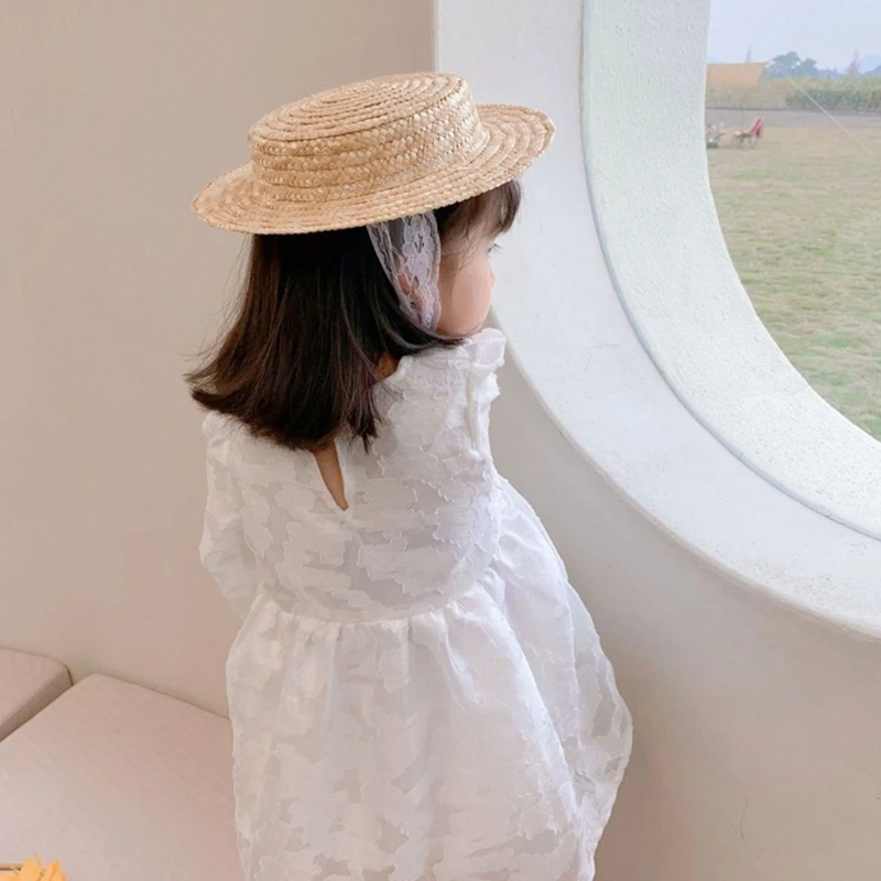 

Children Baby Girl Sunhats Small Lace Up Flat Top Outdoor Beach Holiday Summer Plaited Straw Hat Cap for Kids Decorative Props