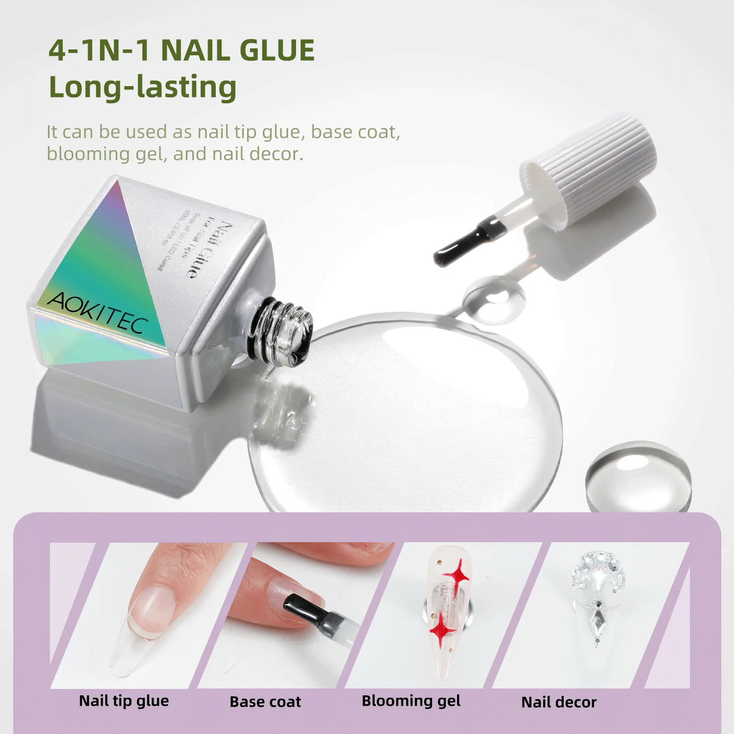 Aokitec Nail Glue For False Nails 15ml Multi-function Strong Diamond Gel Nail Tips Glue Gel  For DIY Manicure