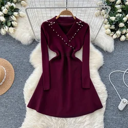 Vintage Turn-down Collar Chic Embroidered Bead Slim Knit A-line Dresses French Evening Women High Street Autumn Winter Clothing