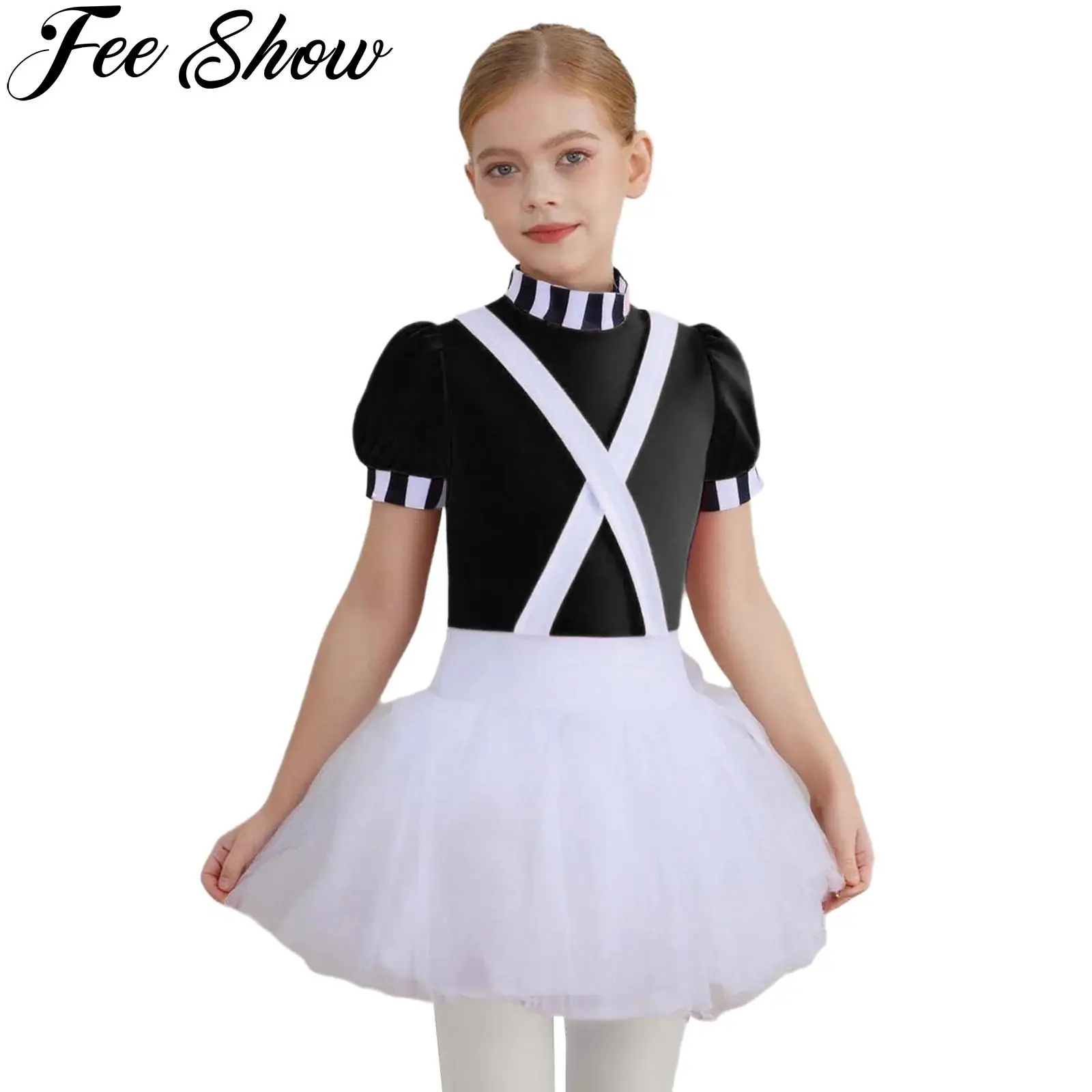

Teen Girls Chocolate Factory Worker Costume Halloween Movie Character Cosplay Theme Party Dress Up Short Sleeves Tutu Dress