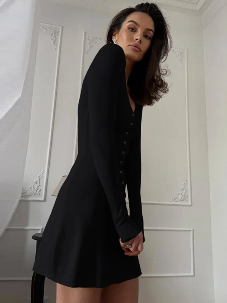 Fashion V-Neck Mini Dress For Women Long Sleeves Solid High-Waisted Charm Slim Party Dress Evening Female Short Dress 2025