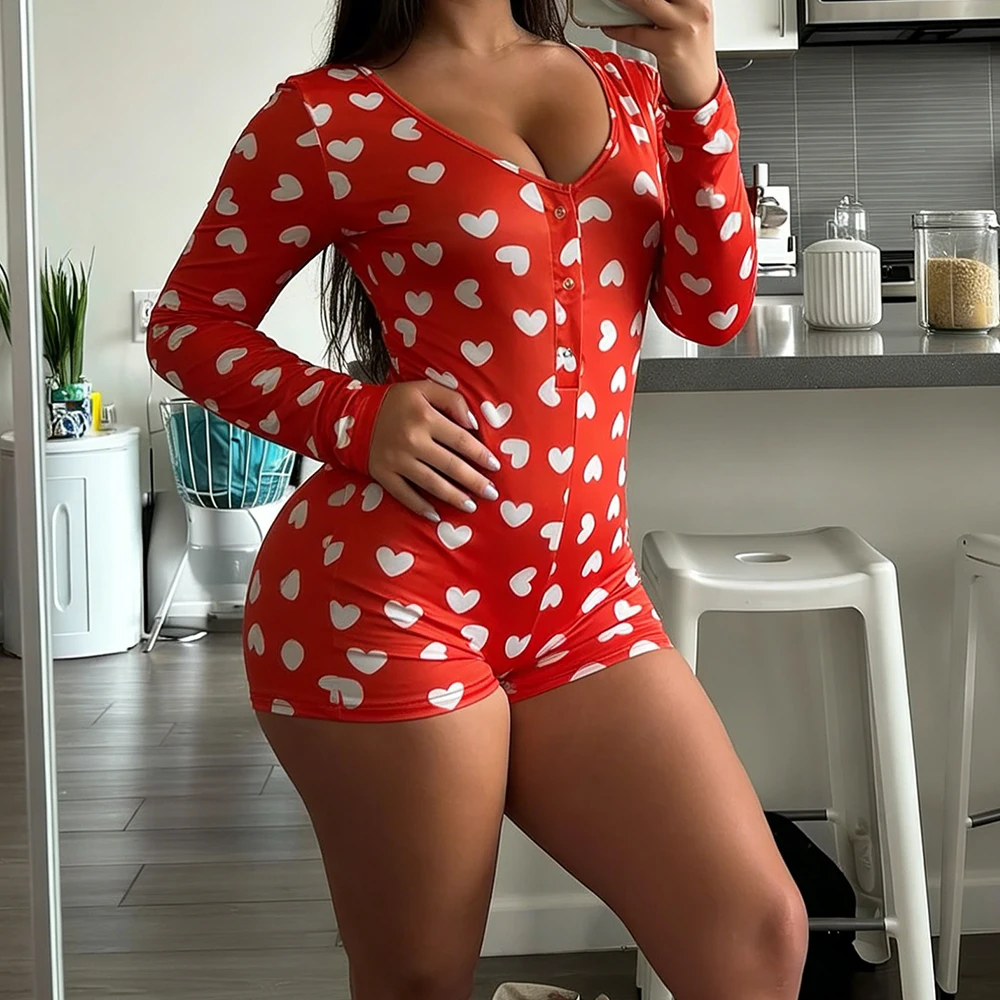 ثوب فضفاض نسائي لعيد الحب بقصة ضيقة وفيونكة على شكل قلب وأزرار مطبوعة على شكل حرف V وأكمام طويلة وسروال قصير وزرة