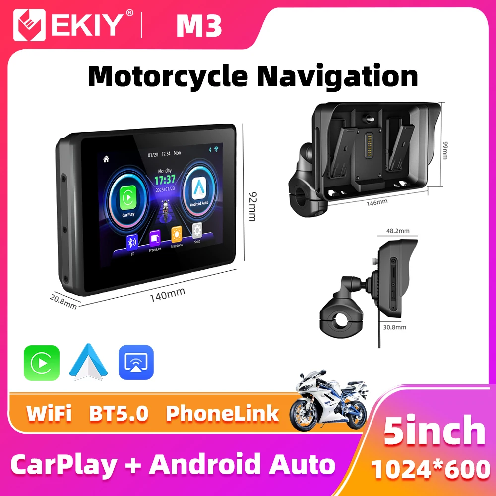 

EKIY 5.0" Wireless CarPlay Moto Android Auto Portable Digital Dashboard Anti Theft Removable Screen GPS Motorcycle Navigation