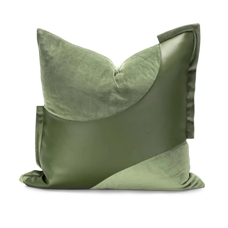 DAVINRICH Irregular Lumbar Pillow Cover Luxury Olive Green Leather And Velvet Patchwork Abstract Cushion Case For Villa Hotel
