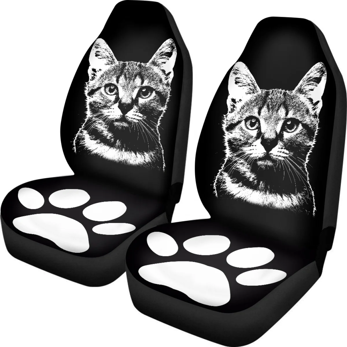 Black and White Cats Design Cats Footprint Print 2 Pieces Universal Car Seat Covers Made of Polyester Fabric Cushion Protection