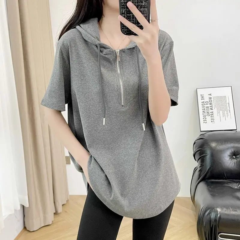 Fashion Loose Zipper Solid Color Lace Up Hooded T-Shirts Female Clothing 2024 Summer New Oversized Casual Tops Korean Tee Shirt