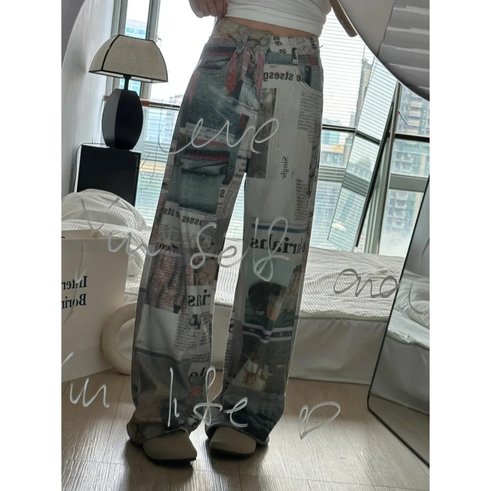 Y2k Denim Jeans American Style High Street Personalized Print Newspaper Jeans For Men Women Summer Straight Loose Wide Leg Pants