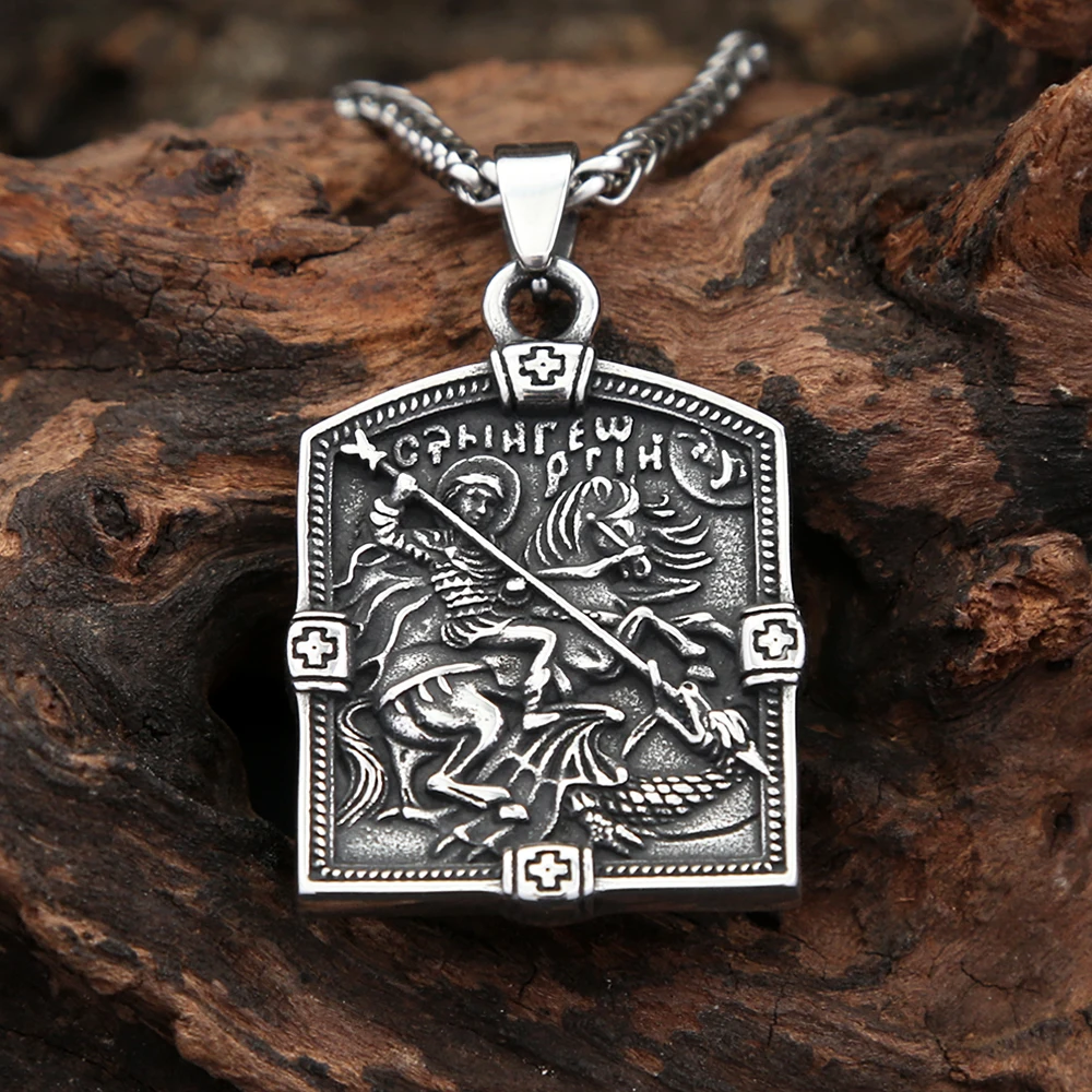 Vintage Stainless Steel St.George On Horse Pendant Necklace For Men Boys Fashion Warrior Shield Amulet Jewelry Gift Dropshipping