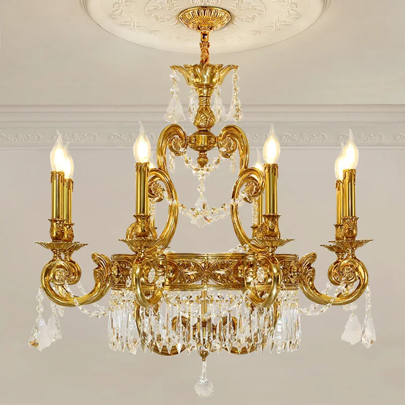 European Church Brass Crystal Chandelier Home Decorative Villa Duplex Pendant Lamp French Copper Candle Hanging Light